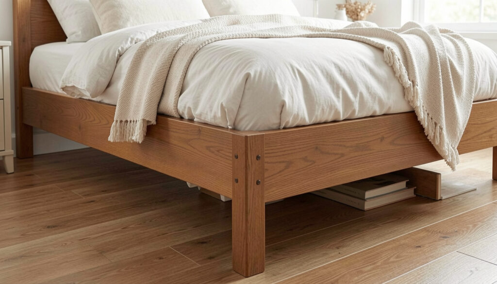 Bed risers adding clearance beneath a bed frame