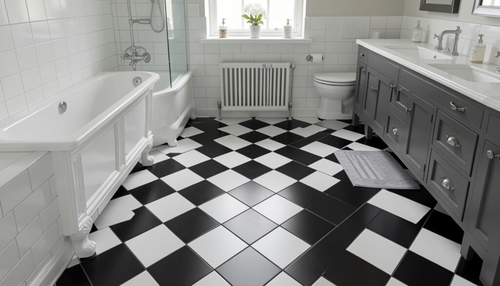 Black-and-white checkerboard tile bathroom floor
