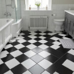 Black-and-white checkerboard tile bathroom floor