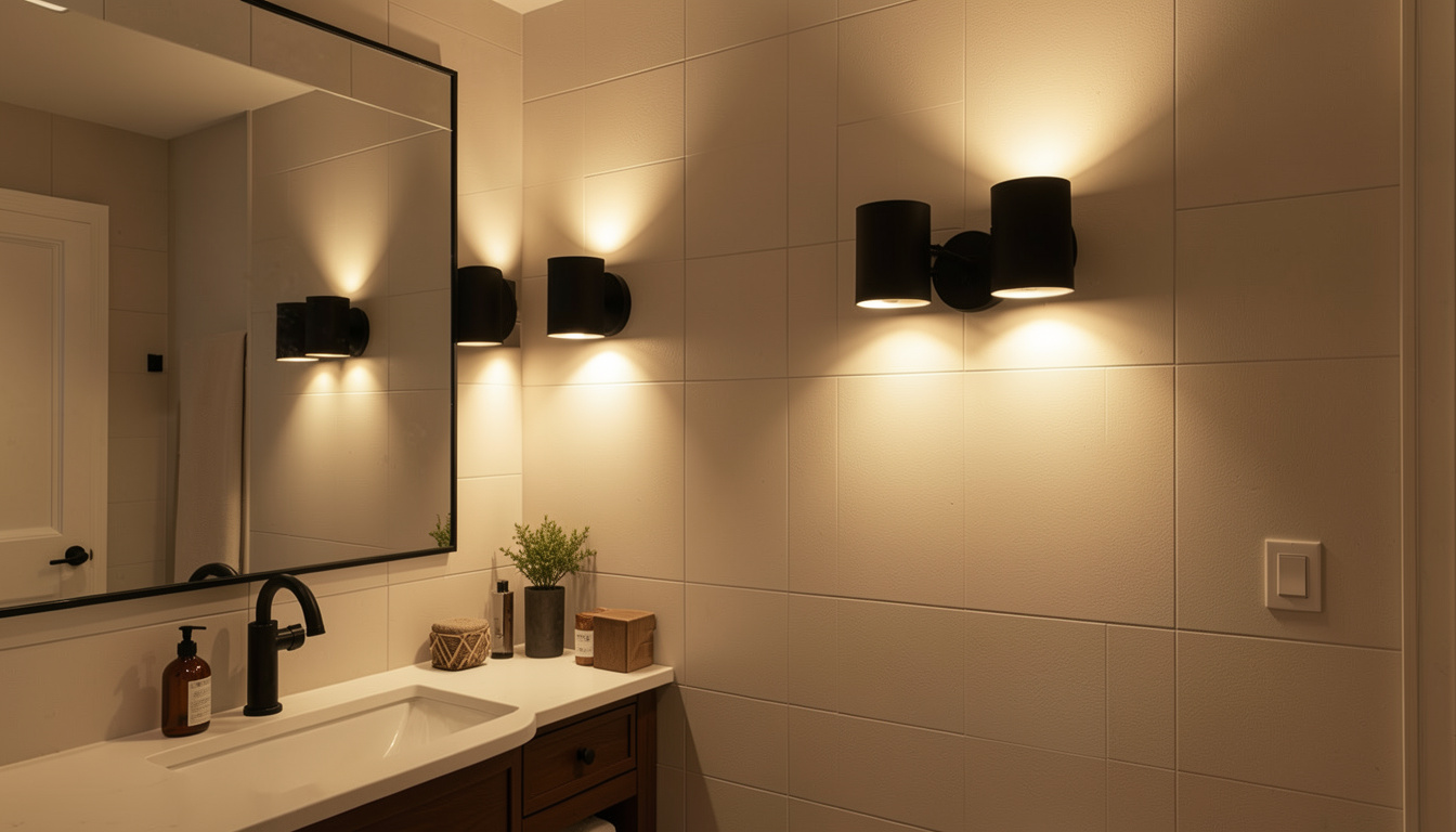 Black wall sconces providing warm ambient bathroom lighting