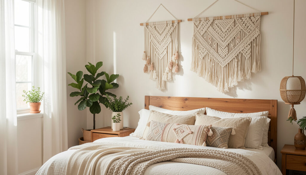 Boho macrame and tapestry wall hanging in a bedroom
