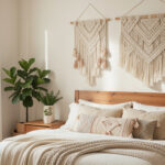 Boho macrame and tapestry wall hanging in a bedroom