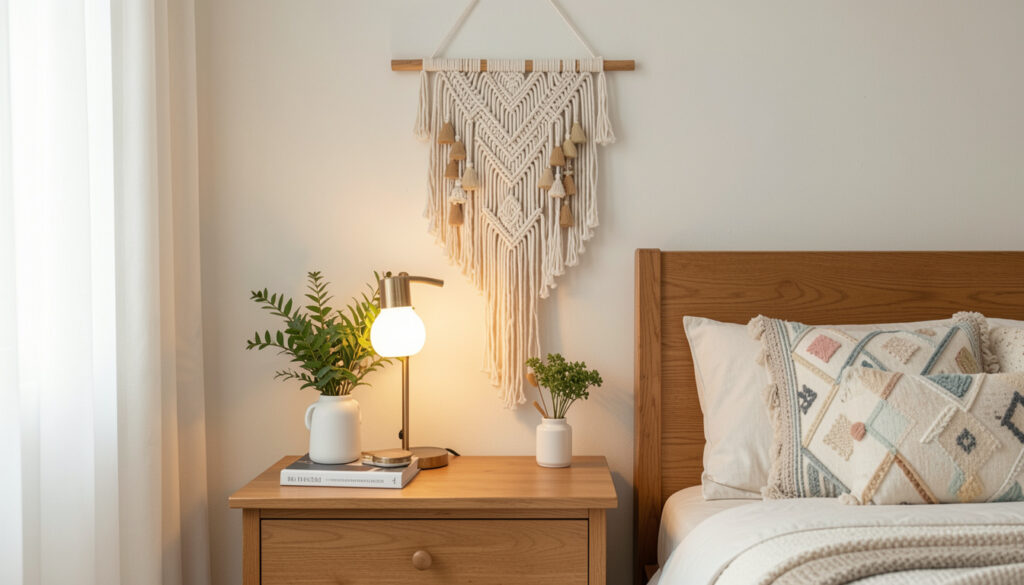  Boho macrame textile wall hanging above a nightstand