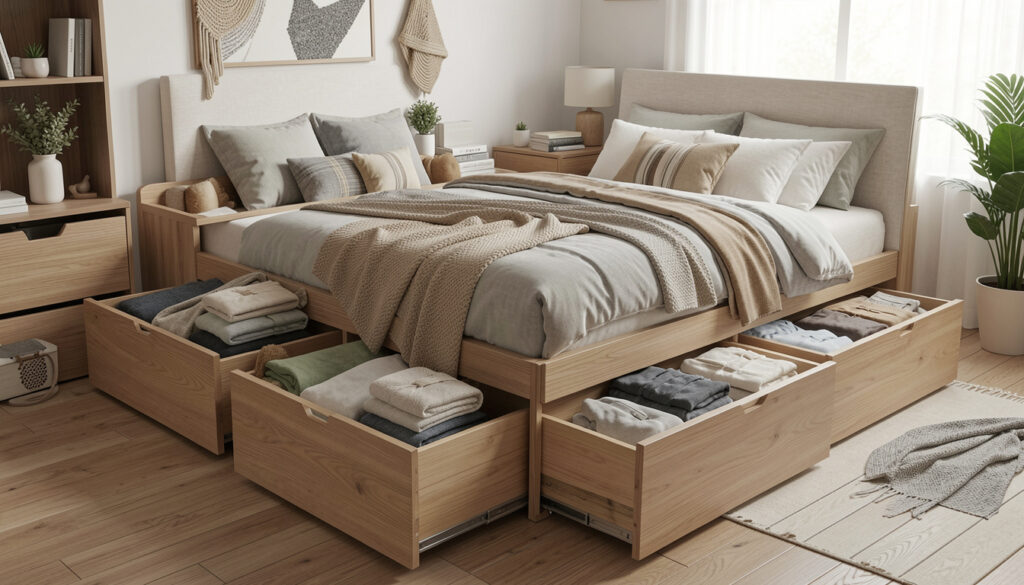 Built-in storage bed frame with pull-out drawers