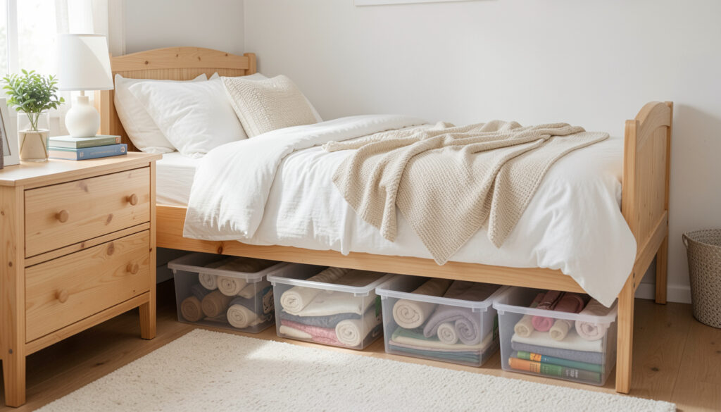 Clear rolling storage bins under a small bedroom bed
