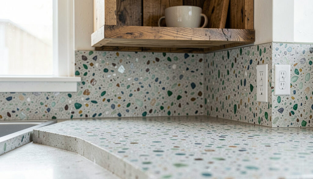Close-up of a sustainable kitchen countertop made from recycled glass and concrete, paired with reclaimed wood open shelving.