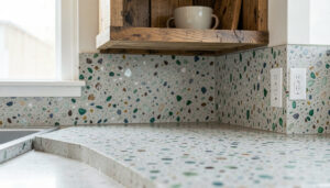 Close-up of a sustainable kitchen countertop made from recycled glass and concrete, paired with reclaimed wood open shelving.