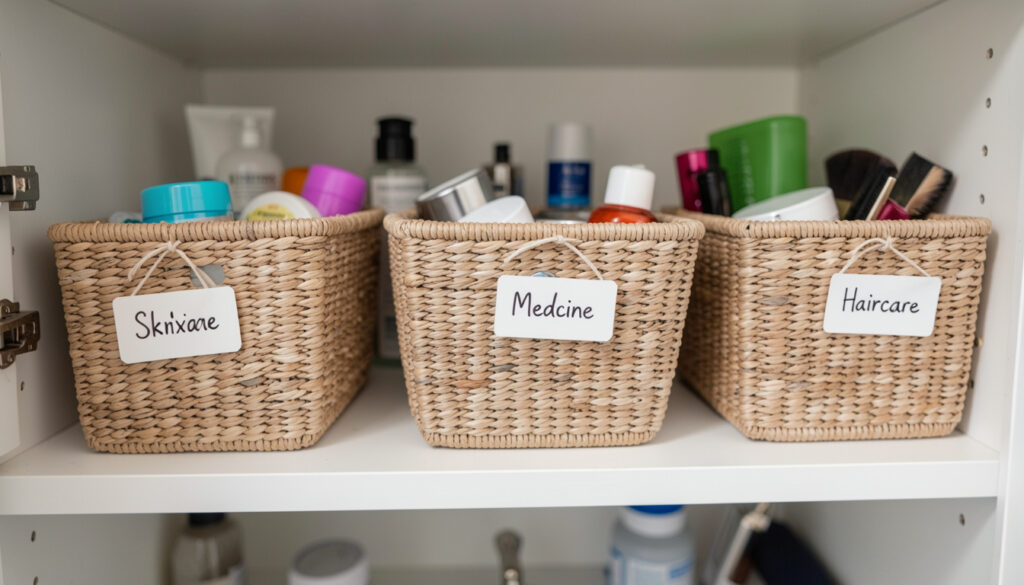 Close-up of labeled storage baskets on a bathroom cabinet shelf, each tagged for skincare, medicine, and haircare items.