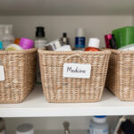 Close-up of labeled storage baskets on a bathroom cabinet shelf, each tagged for skincare, medicine, and haircare items.