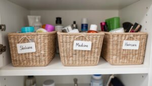 Close-up of labeled storage baskets on a bathroom cabinet shelf, each tagged for skincare, medicine, and haircare items.
