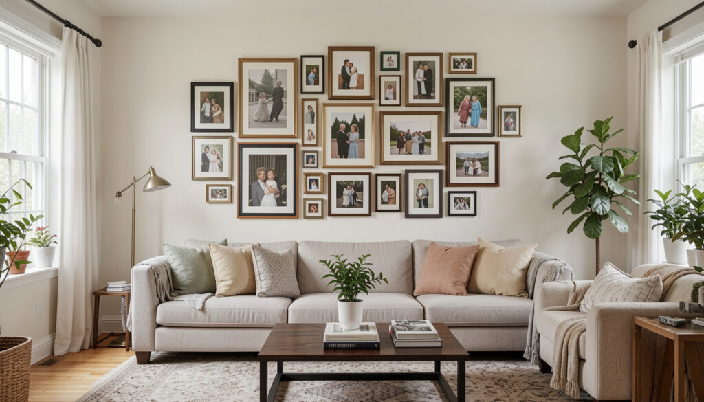 Cohesive gallery wall with mixed frame sizes in a living room