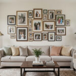 Cohesive gallery wall with mixed frame sizes in a living room