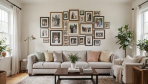 Cohesive gallery wall with mixed frame sizes in a living room