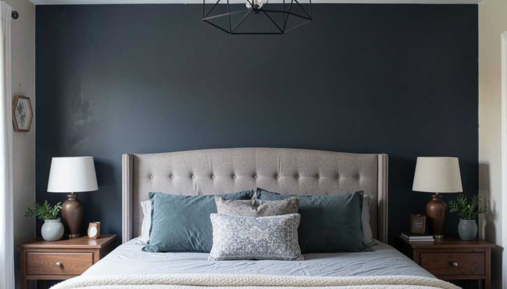 DIY painted moody accent wall behind a headboard