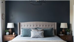 DIY painted moody accent wall behind a headboard