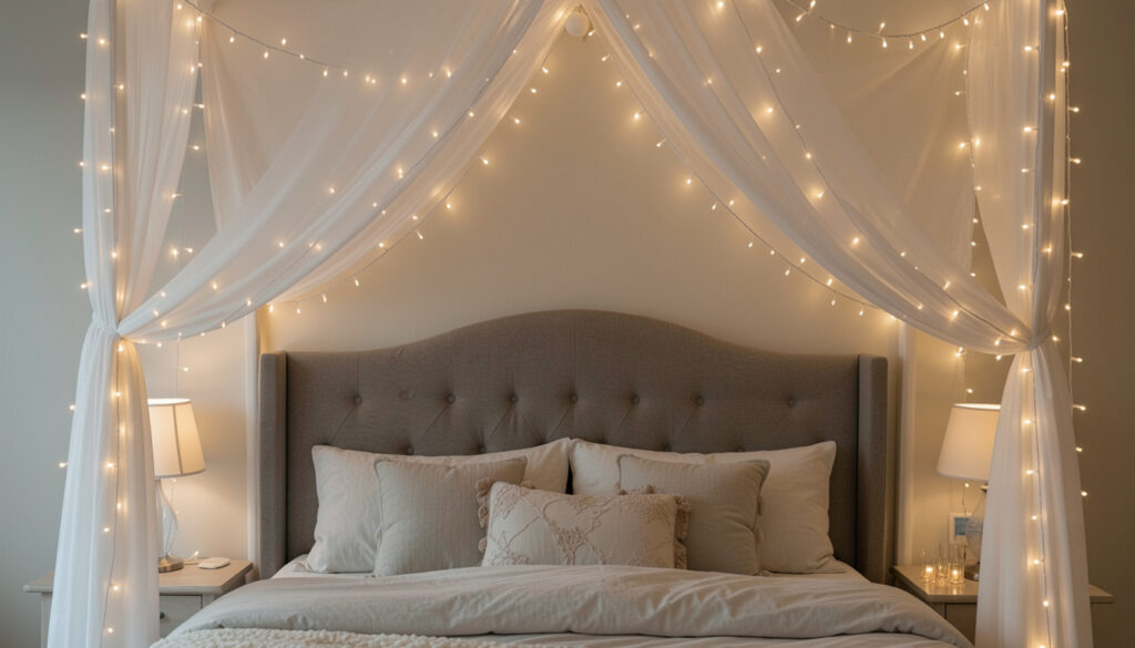 Fairy lights draped in a canopy above a bedroom headboard