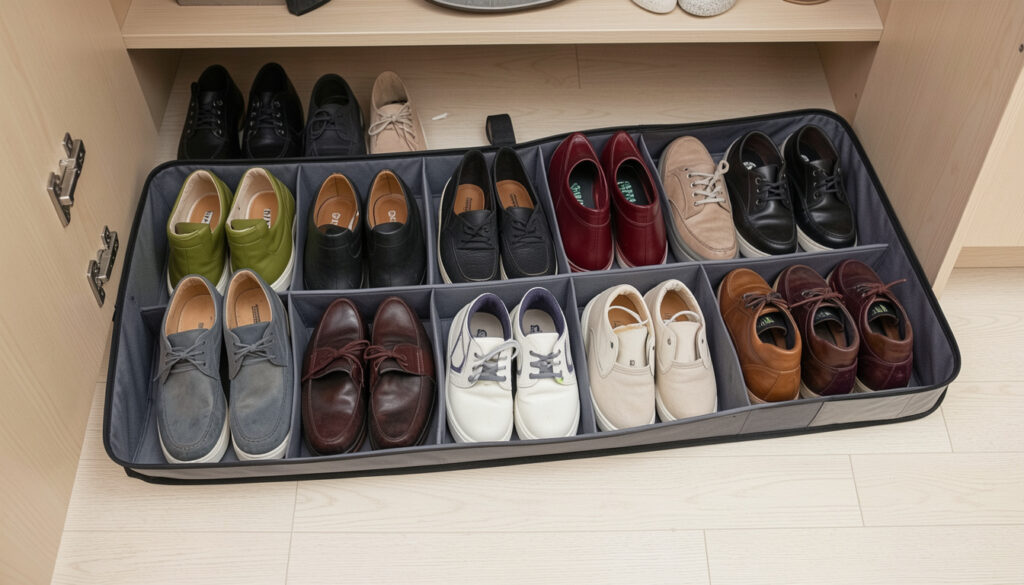 Flat under-bed shoe organizer with shoes neatly arranged