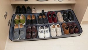 Flat under-bed shoe organizer with shoes neatly arranged