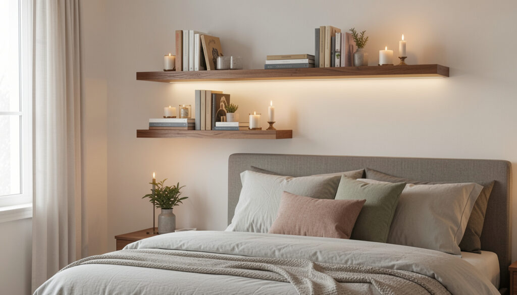 Floating display ledges styled with books and candles above a bed