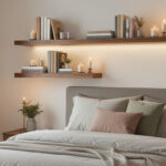 Floating display ledges styled with books and candles above a bed