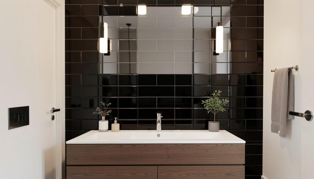Glossy black tile accent wall behind a bathroom vanity