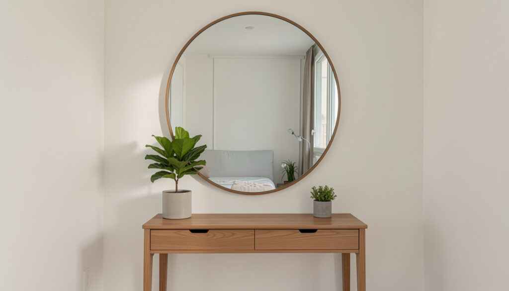 Large round mirror above a small apartment console table