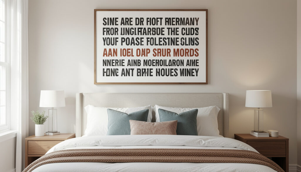  Large statement art print framed above a bedroom bed