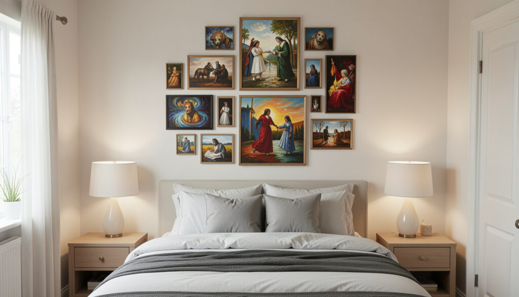 Layered gallery art cluster above a bed