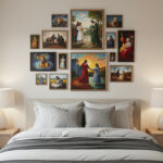 Layered gallery art cluster above a bed