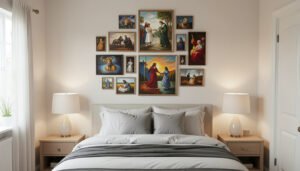 Layered gallery art cluster above a bed
