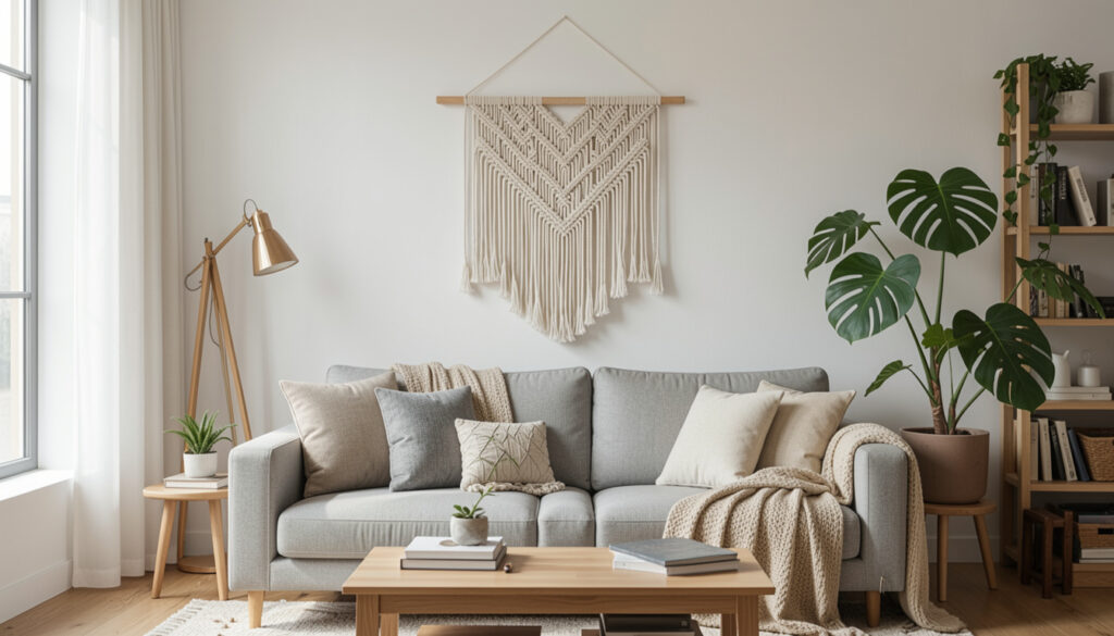Macrame wall hanging above a studio apartment sofa