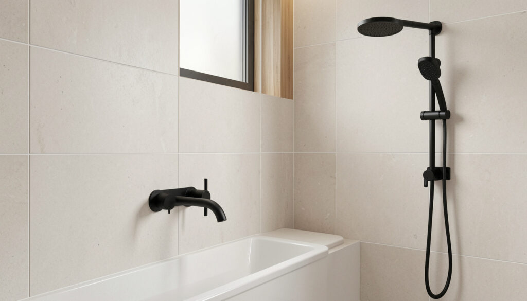 Matte black faucet and showerhead in a modern bathroom