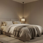 Modern bedroom with neutral colors and cozy lighting