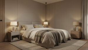 Modern bedroom with neutral colors and cozy lighting