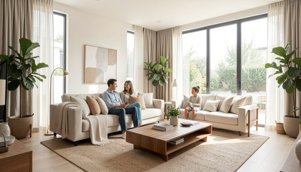 Modern family living room with natural lighting and neutral colors