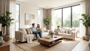 Modern family living room with natural lighting and neutral colors