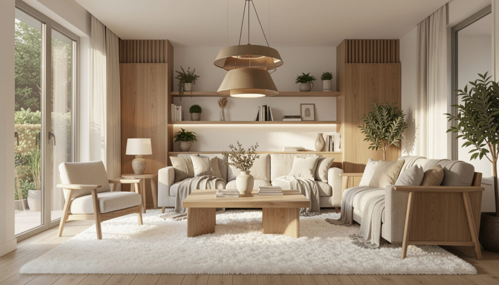 Modern home interior with layered lighting and natural wood furniture