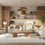 Modern home interior with layered lighting and natural wood furniture