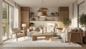 Modern home interior with layered lighting and natural wood furniture