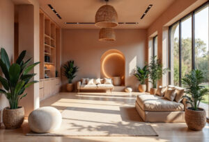 Modern home interior with layered lighting and neutral colors