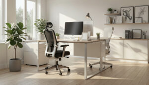 Modern home office with ergonomic furniture and natural lighting