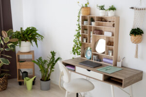 Modern home office with natural lighting and minimalist furniture