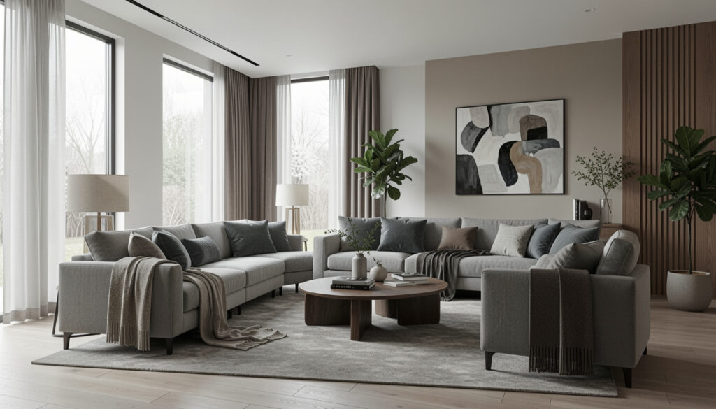 Modern living room with comfortable furniture and natural lighting
