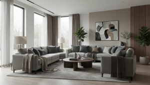 Modern living room with comfortable furniture and natural lighting