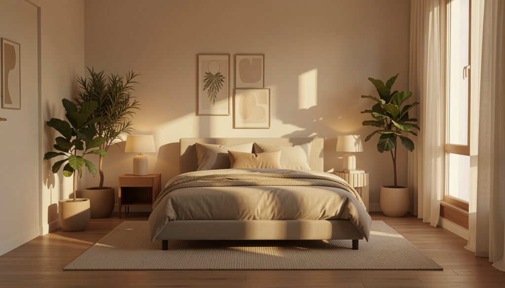 Modern minimalist bedroom with warm lighting and neutral décor