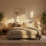 Modern minimalist bedroom with warm lighting and neutral décor