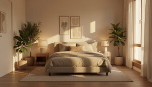 Modern minimalist bedroom with warm lighting and neutral décor