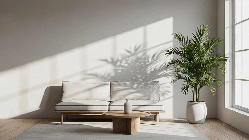 Modern minimalist living room with natural sunlight
