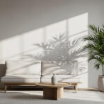 Modern minimalist living room with natural sunlight