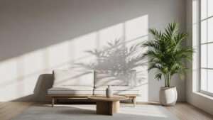 Modern minimalist living room with natural sunlight